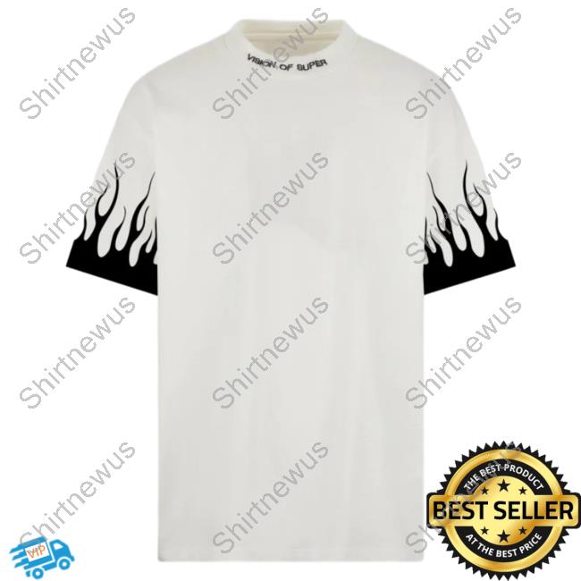 Official Vision Of Super White T-Shirts With Printed Black Flames