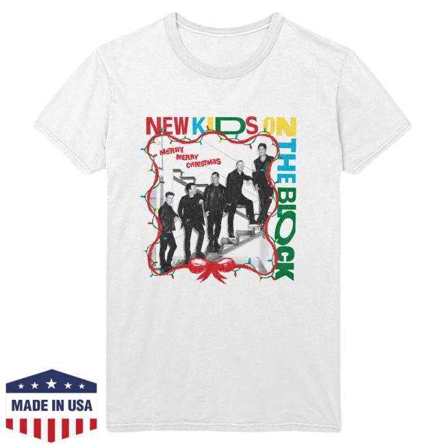 Official Merch Bar New Kids On The Block Store Nkotb Holiday Staircase Photo Tee Shirt White MerchBar NewKidsOnTheBlock