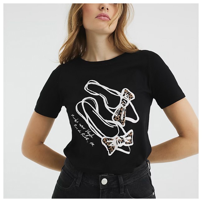 Black Short Sleeve Leopard Bow Heel Tee