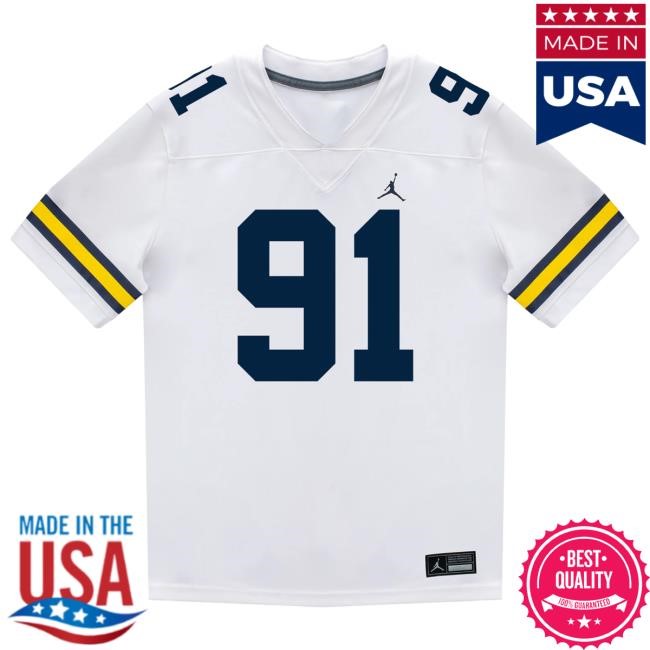 The M Den Michigan Wolverines #91 Evan Boutorwick Student Athlete White Football Jersey T Shirt