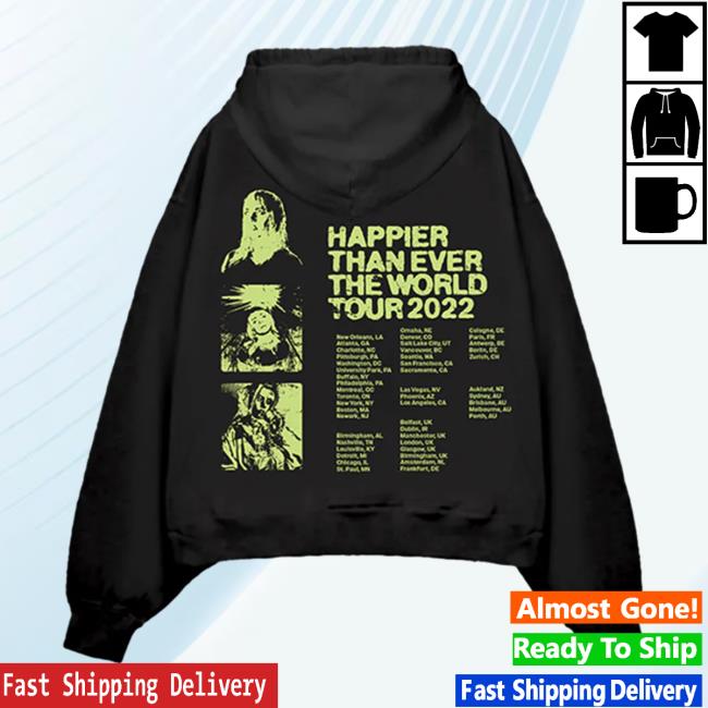 Official Interscope Records BillieEilish Merch Clothing Store Billie Eilish Happier Than Ever World Tour Black 2022 Hoodies