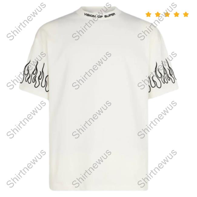 Official Vision Of Super White Tee Shirt With Black Flames