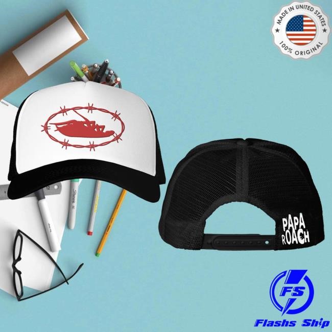 Official Papa Roach Merch Store Shop Barbed Wire Roach Trucker Hat (Black/White) Paparoach
