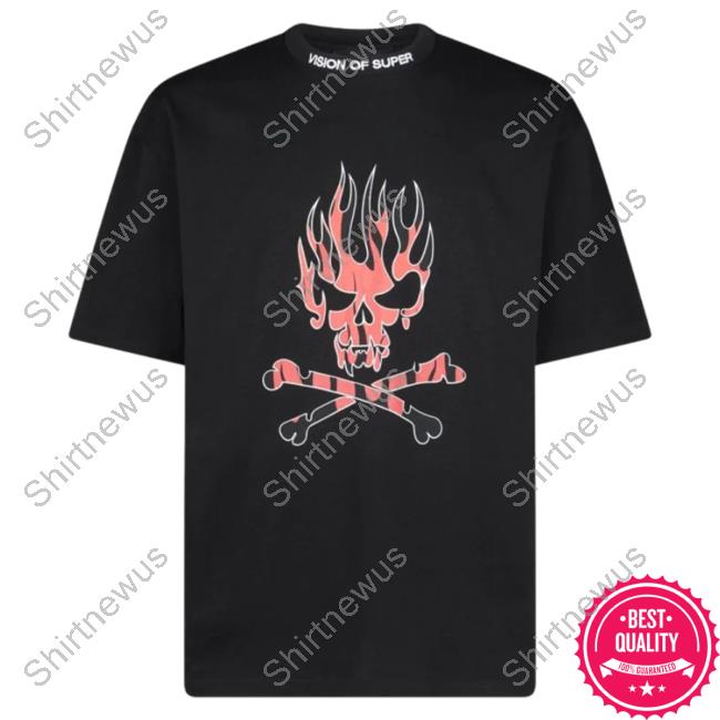 Official Vision Of Super Black Tshirt With Red Skull Print