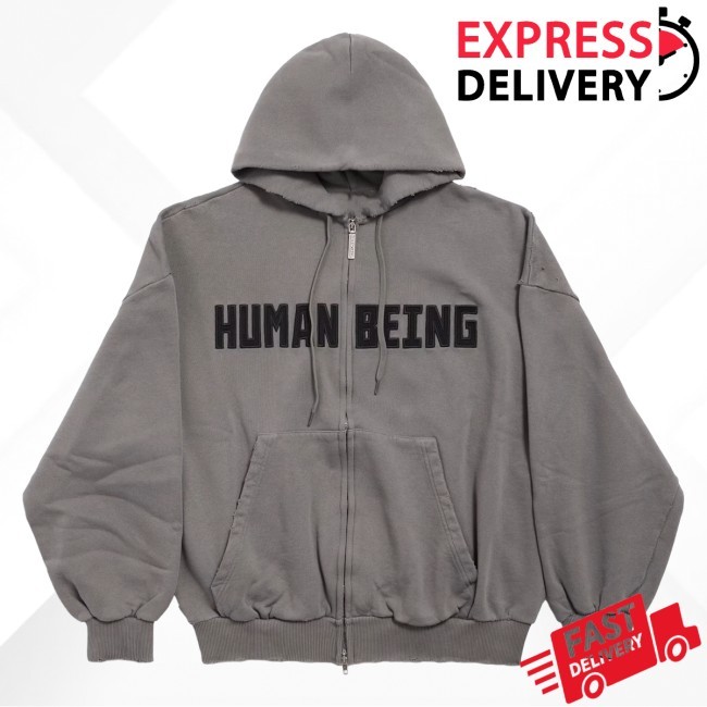 Human Being Shifted Zip-Up Zip Hoodie In Smoke Grey